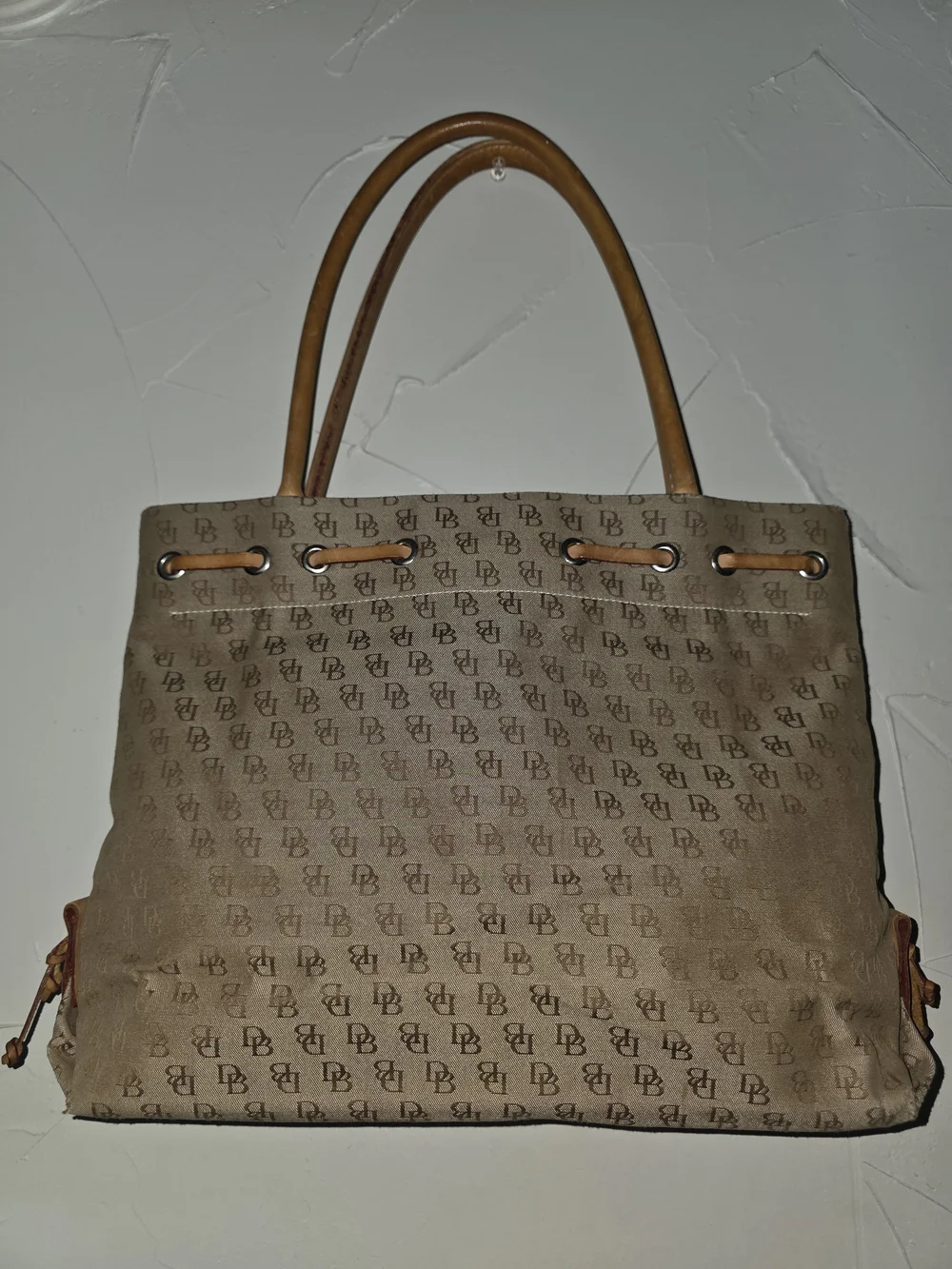 Dooney & Bourke Tan/Brown Monogram Tote with Leather Trim
